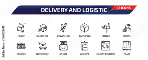 delivery and logistic outline icon set. 12 linear vector for ui, web and mobile. thin line freight, delivery tag, delivery man and more icons.