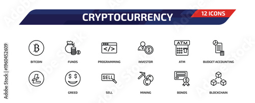cryptocurrency outline icon set. 12 linear vector for ui, web and mobile. thin line bitcoin, funds, programming and more icons.