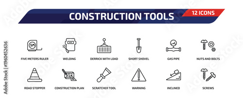 construction tools outline icon set. 12 linear vector for ui, web and mobile. thin line five meters ruler, welding, derrick with load and more icons.