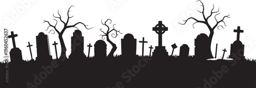 Halloween graveyard silhouette, spooky cemetery scene, black tombstones and crosses, haunted landscape