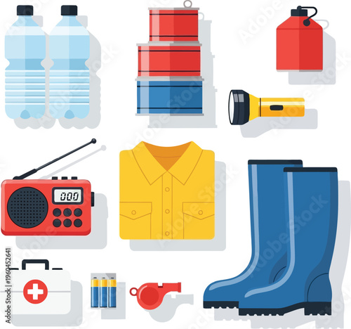 Emergency Survival Kit Supplies Collection Including Food Water First Aid Radio And Safety Gear Icons