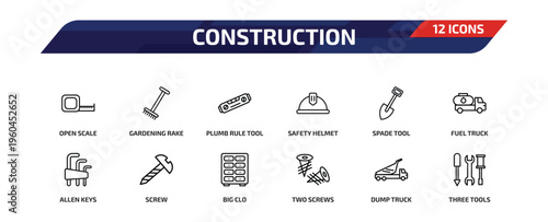 construction outline icon set. 12 linear vector for ui, web and mobile. thin line open scale, gardening rake, plumb rule tool and more icons.