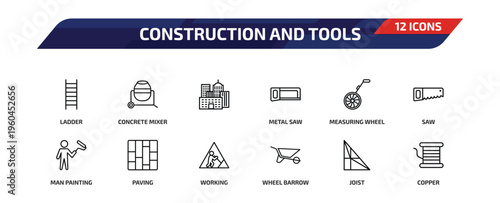 construction and tools outline icon set. 12 linear vector for ui, web and mobile. thin line ladder, concrete mixer, and more icons.