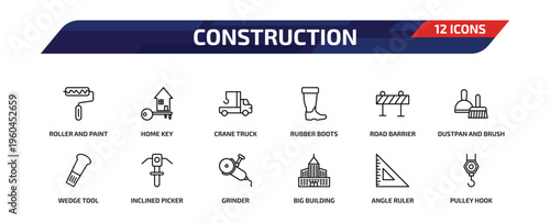 construction outline icon set. 12 linear vector for ui, web and mobile. thin line roller and paint, home key, crane truck and more icons.