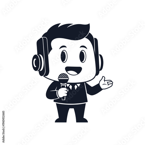 Cartoon man wearing headphones holding microphone.