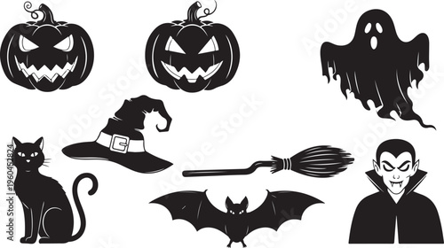 Halloween icons, black silhouettes, spooky symbols, 8 vector graphics