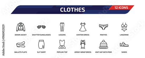 clothes outline icon set. 12 linear vector for ui, web and mobile. thin line denim jacket, shutter sunglasses, leggins and more icons.