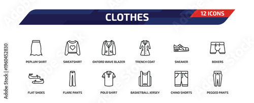 clothes outline icon set. 12 linear vector for ui, web and mobile. thin line peplum skirt, sweatshirt, oxford wave blazer and more icons.