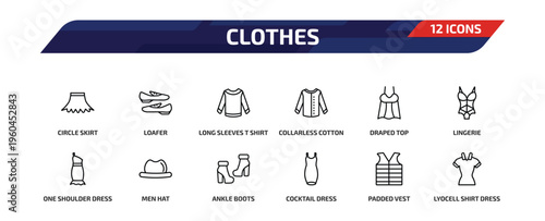 clothes outline icon set. 12 linear vector for ui, web and mobile. thin line circle skirt, loafer, long sleeves t shirt and more icons.