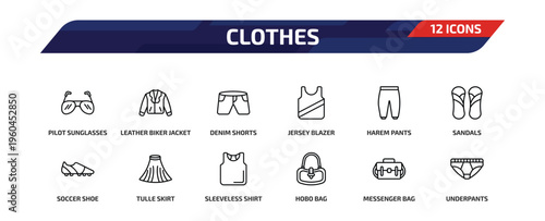 clothes outline icon set. 12 linear vector for ui, web and mobile. thin line pilot sunglasses, leather biker jacket, denim shorts and more icons.