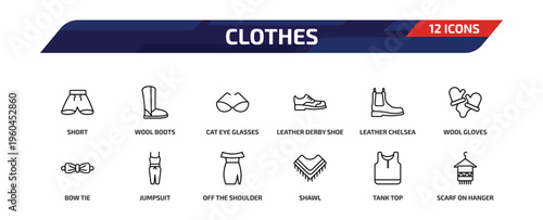 clothes outline icon set. 12 linear vector for ui, web and mobile. thin line short, wool boots, cat eye glasses and more icons.