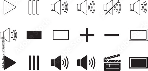 Multimedia icons, video symbols, audio signs, playback buttons, 20 vector graphics