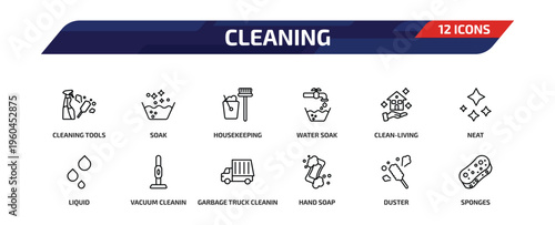 cleaning outline icon set. 12 linear vector for ui, web and mobile. thin line cleaning tools, soak, housekeeping and more icons.