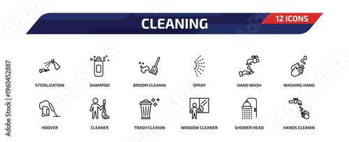 cleaning outline icon set. 12 linear vector for ui, web and mobile. thin line sterilization, shampoo, broom cleanin and more icons.
