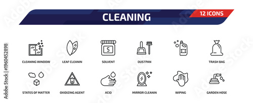 cleaning outline icon set. 12 linear vector for ui, web and mobile. thin line cleaning window, leaf cleanin, solvent and more icons.