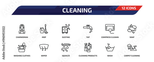 cleaning outline icon set. 12 linear vector for ui, web and mobile. thin line charwoman, mop, dusting and more icons.