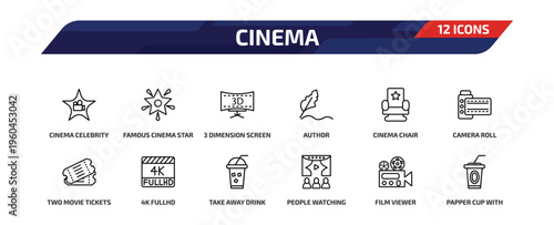 cinema outline icon set. 12 linear vector for ui, web and mobile. thin line cinema celebrity, famous cinema star, 3 dimension screen and more icons.