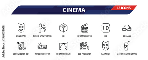 cinema outline icon set. 12 linear vector for ui, web and mobile. thin line smile mask, thumb up with star, 3d and more icons.