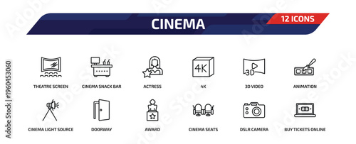 cinema outline icon set. 12 linear vector for ui, web and mobile. thin line theatre screen, cinema snack bar, actress and more icons.