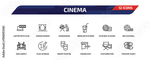 cinema outline icon set. 12 linear vector for ui, web and mobile. thin line laptop with film strip, cinema screen, cameraman and more icons.