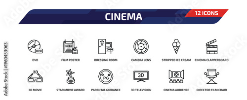 cinema outline icon set. 12 linear vector for ui, web and mobile. thin line dvd, film poster, dressing room and more icons.