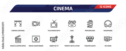cinema outline icon set. 12 linear vector for ui, web and mobile. thin line cinema curtains, , television with antenna and more icons.