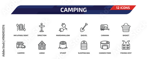 camping outline icon set. 12 linear vector for ui, web and mobile. thin line inflatable boat, direction, marshmallow and more icons.