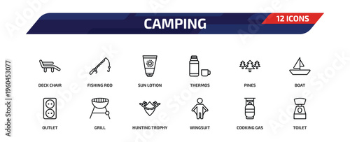 camping outline icon set. 12 linear vector for ui, web and mobile. thin line deck chair, fishing rod, sun lotion and more icons.