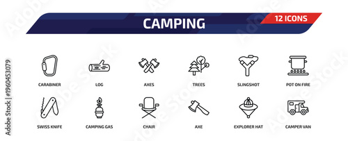 camping outline icon set. 12 linear vector for ui, web and mobile. thin line carabiner, log, axes and more icons.