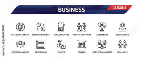 business outline icon set. 12 linear vector for ui, web and mobile. thin line data circular chart, currency exchange, mobile analytics and more icons.