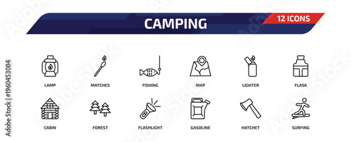 camping outline icon set. 12 linear vector for ui, web and mobile. thin line lamp, matches, fishing and more icons.