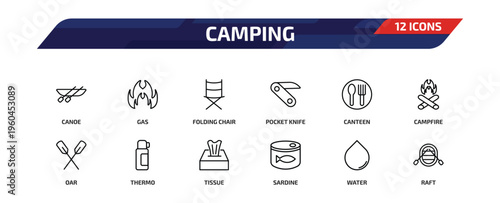 camping outline icon set. 12 linear vector for ui, web and mobile. thin line canoe, gas, folding chair and more icons.
