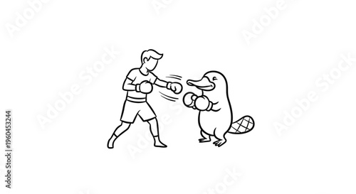 Whimsical boxing match between human and platypus cartoon line art illustration on a white