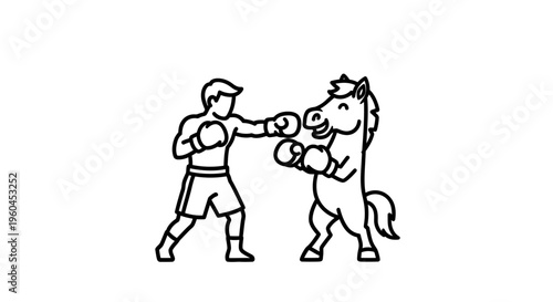 Humorous black and white outline of a man boxing a cartoon horse in a funny competition