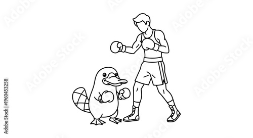 Whimsical boxing match between a determined human fighter and a ready platypus contender