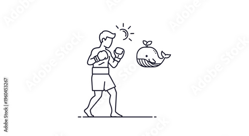Whimsical line art of a determined boxer facing a cheerful whale with a sprout under a shining sun