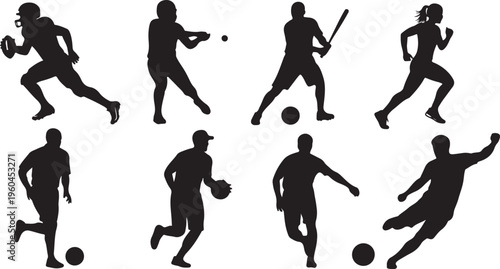 Sports Silhouettes, Athletic Icons, Black Sportsmen, Vector Graphics