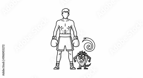 Muscular boxer stands resolute beside a small, furious whirlwind creature, symbolizing diverse