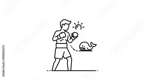 Dynamic monochrome illustration of a determined boxer confronting an unexpected, playful aquatic