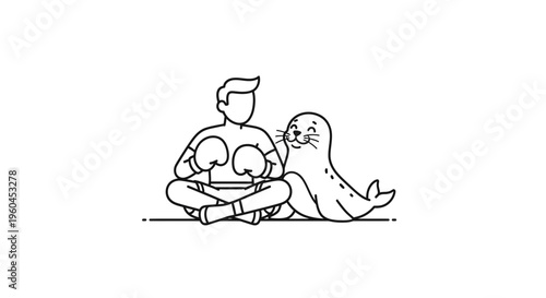 A friendly boxer sits calmly beside a happy seal in a minimalist line art illustration