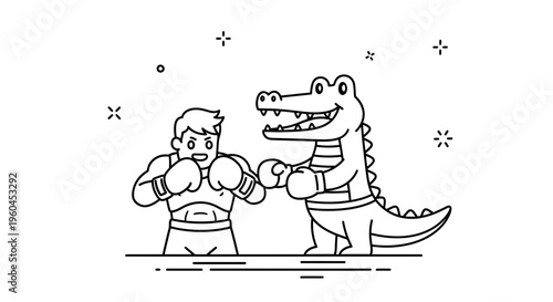 Playful confrontation: human boxer faces a smiling alligator in a delightful line art cartoon design