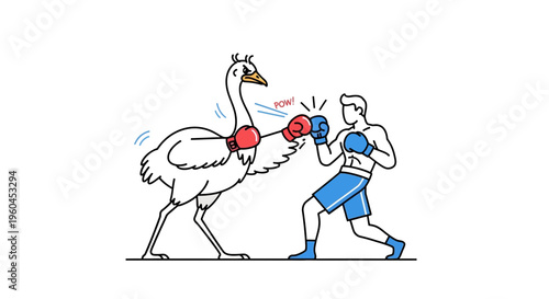 Humorous confrontation: an ostrich delivers a powerful punch to a surprised human opponent