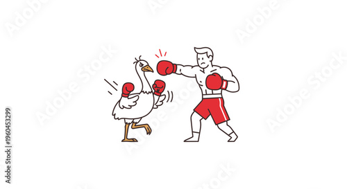Humorous boxing match between a determined human and an unexpectedly feisty waterfowl in a playful