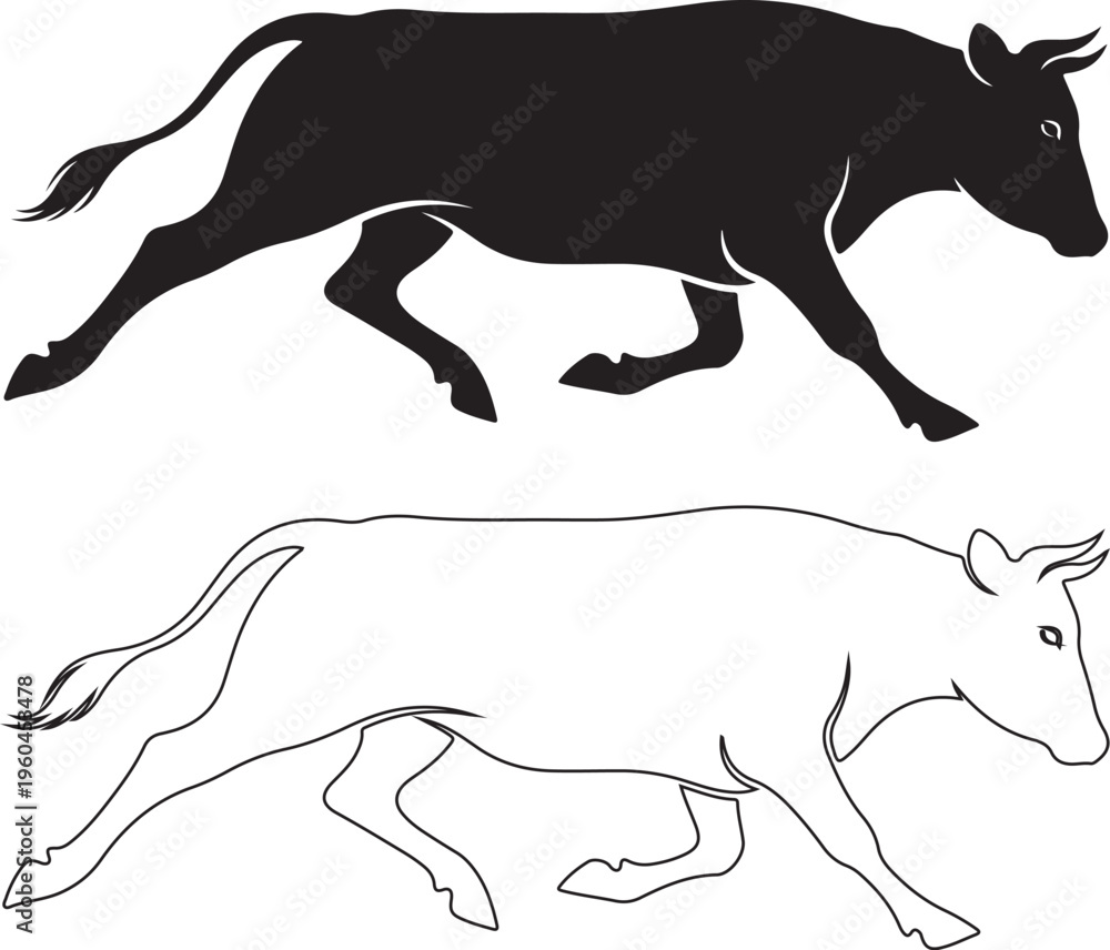 Fototapeta premium Cow, bull, animal icons, black and white vector illustrations, running cattle