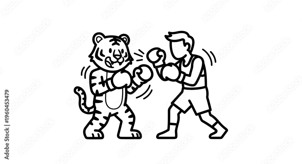 Naklejka premium Dynamic black and white line art illustration featuring a playful tiger and human engaging in a