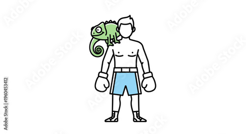 A vibrant line art illustration of a determined boxer accompanied by a playful green chameleon buddy