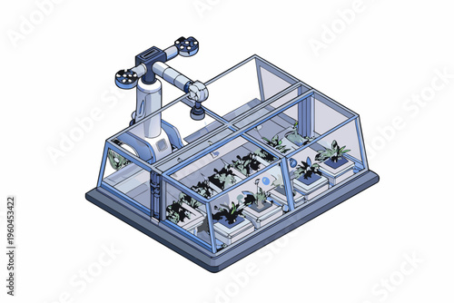 Robotic arm tending to plants within a transparent automated greenhouse structure