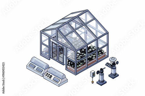 Isometric illustration of a glass greenhouse with detached components nearby