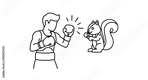 Whimsical boxing match between a determined human fighter and a tiny but feisty squirrel competitor