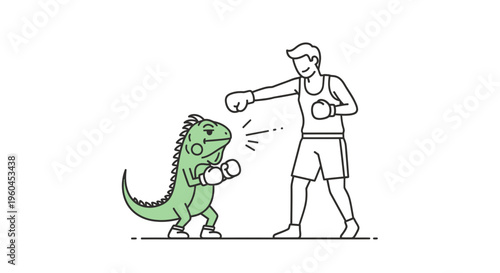Vibrant line art illustration depicting a person boxing against a whimsical green reptile